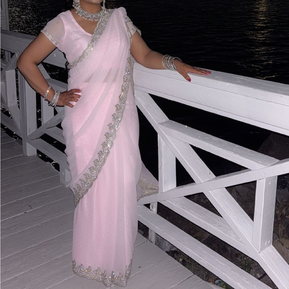 Readymade - Elegant Pink Sari with Silver Embellishments